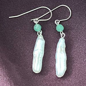 Artisan 925 Sterling Silver Rare White Biwa Stick Pearl Hook Earrings